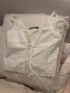 Zara White Eyelet Lace-Trim Cotton Camisole